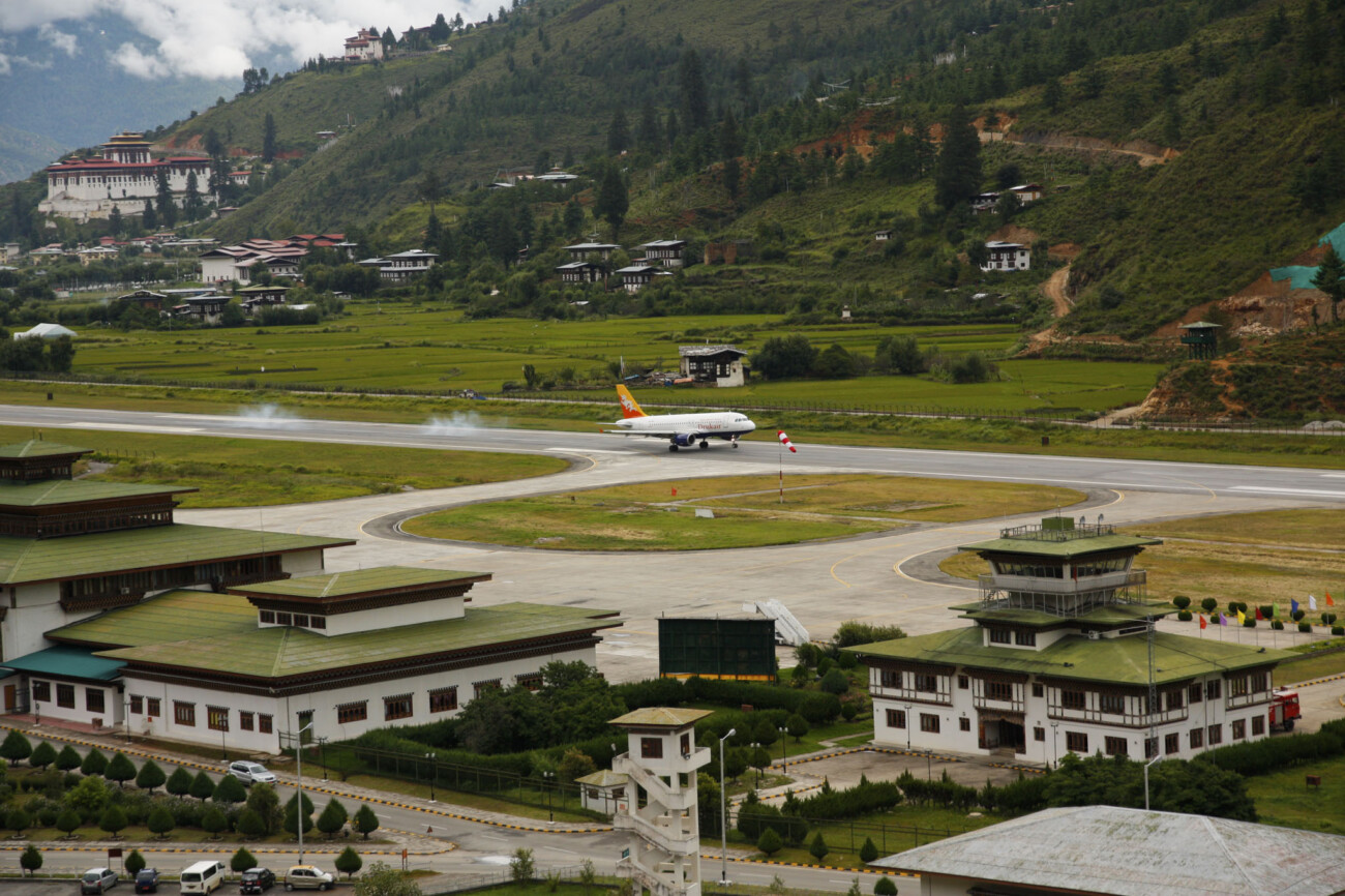 Paro International airport with Dzong in the background.