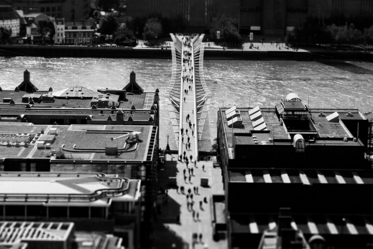 Millenium bridge from the stone gallery of St. Paul's Cathedral, London